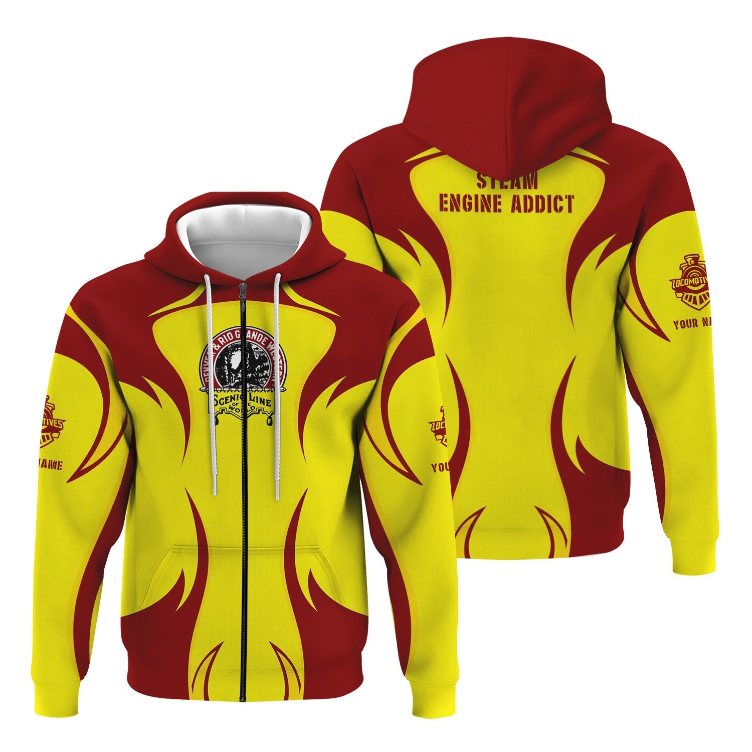 Railspirit Personalized Denver and Rio Grande Western Railroad Hoodie Distinctive Flame Style Zip Up Hoodie For Steam Engine Addict