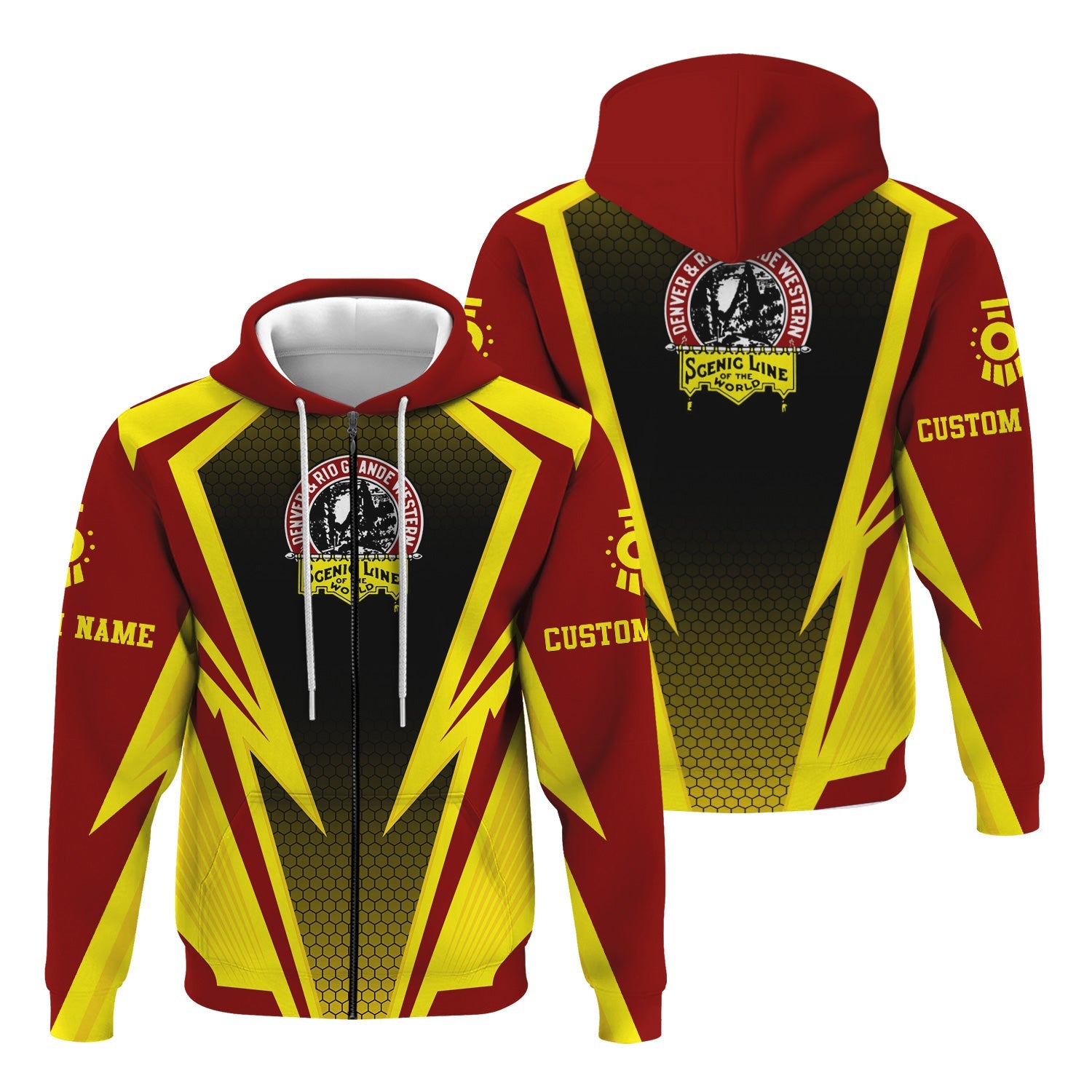 Railspirit Personalized Denver and Rio Grande Western Railroad Hoodie Lightning Graphic Style Zip Up Hoodie Gift Idea For Train Lover