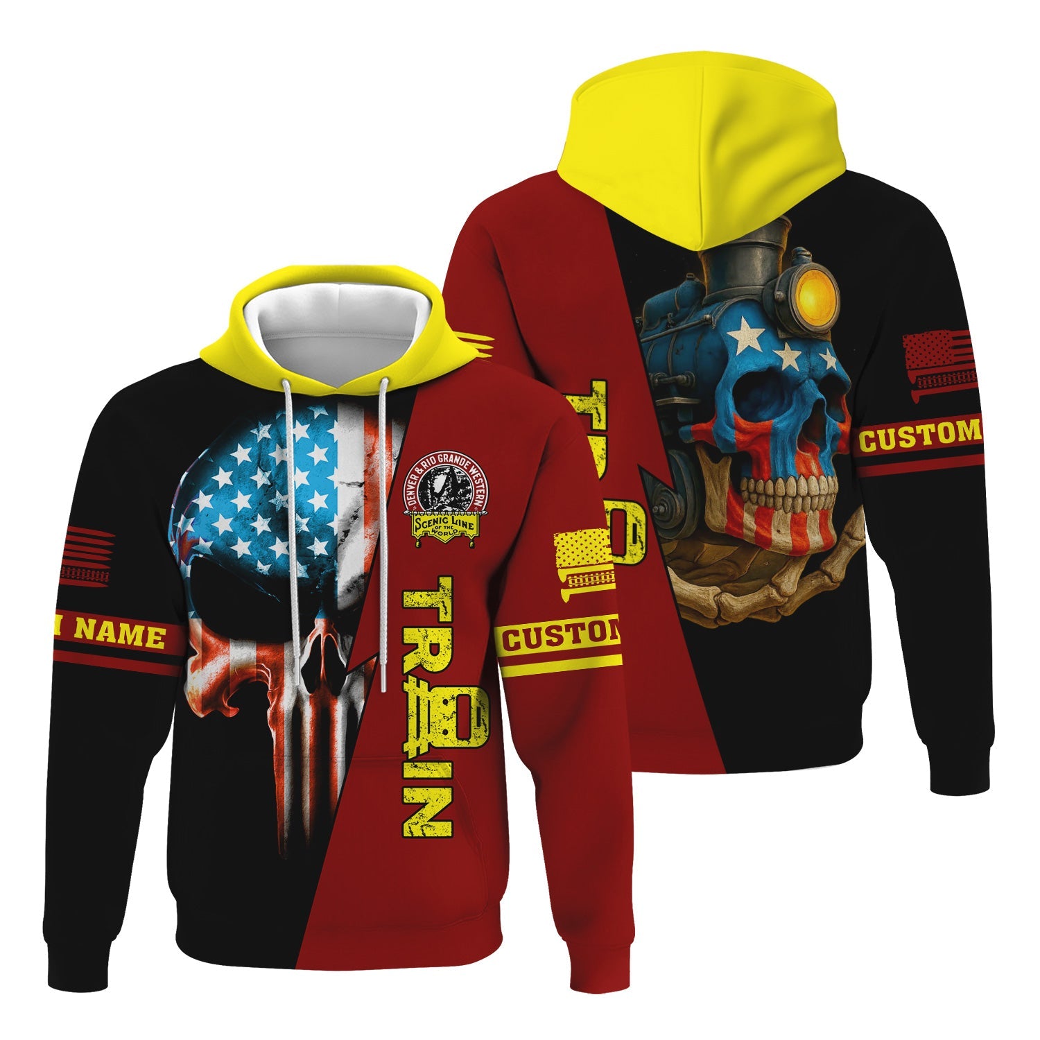 Railspirit Personalized Denver and Rio Grande Western Railroad Hoodie Train Skull American Flag Zip Up Hoodie All Over Print