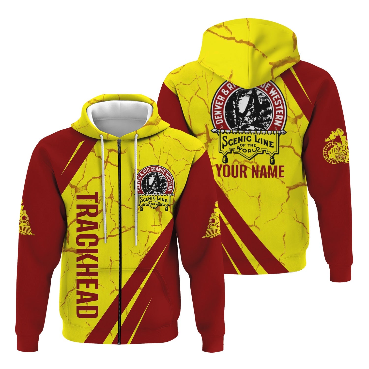 Railspirit Personalized Denver and Rio Grande Western Railroad Hoodie Crackle Texture Style Train Zip Up Hoodie For Trackhead