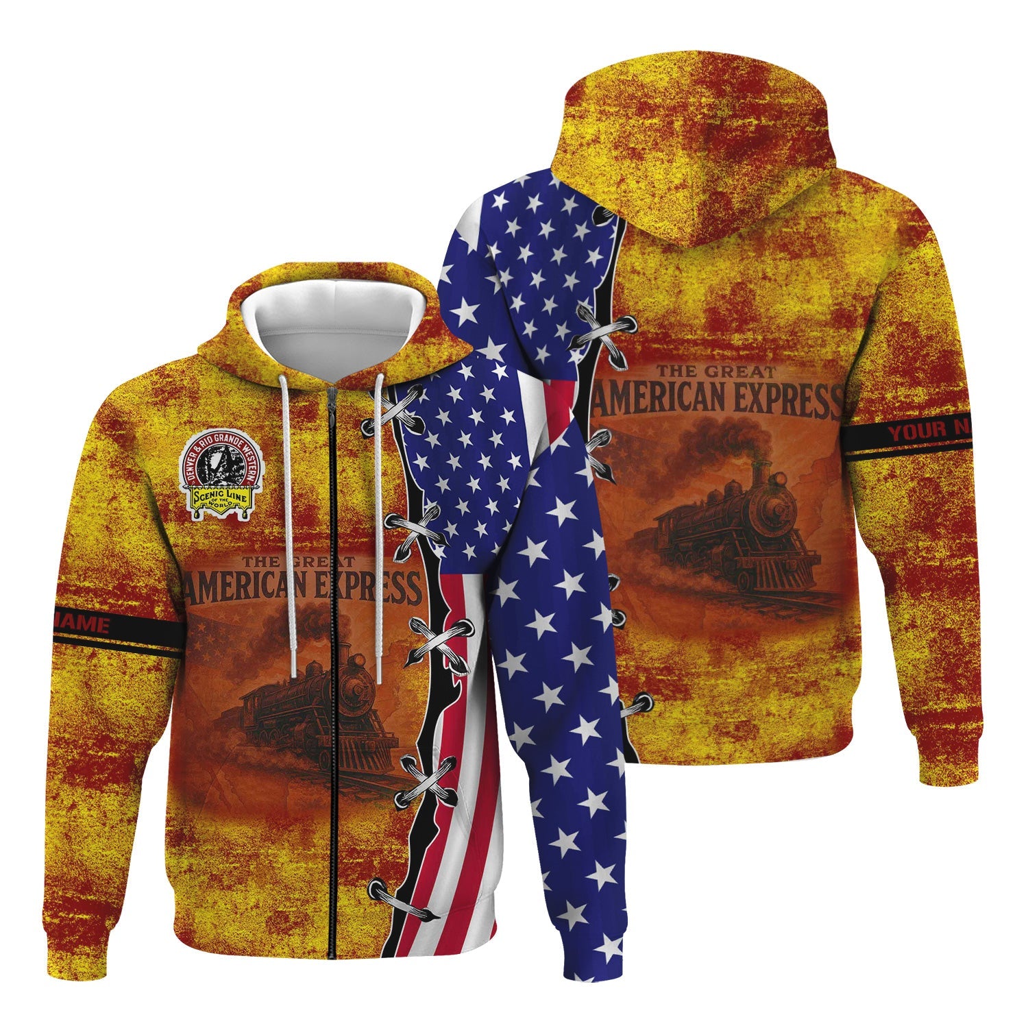 Railspirit Personalized Denver and Rio Grande Western Railroad Hoodie Retro American Express Train With USA Flag Zip Up Hoodie