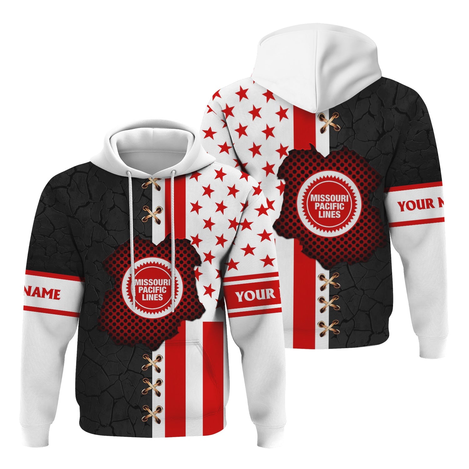 Railspirit Personalized Missouri Pacific Railroad Hoodie American Flag with Crack Effect Train Zip Up Hoodie