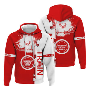 Railspirit Personalized Missouri Pacific Railroad Hoodie Engine Heartbeat and Track Love Style Zip Up Hoodie Gift Idea For Train Lovers