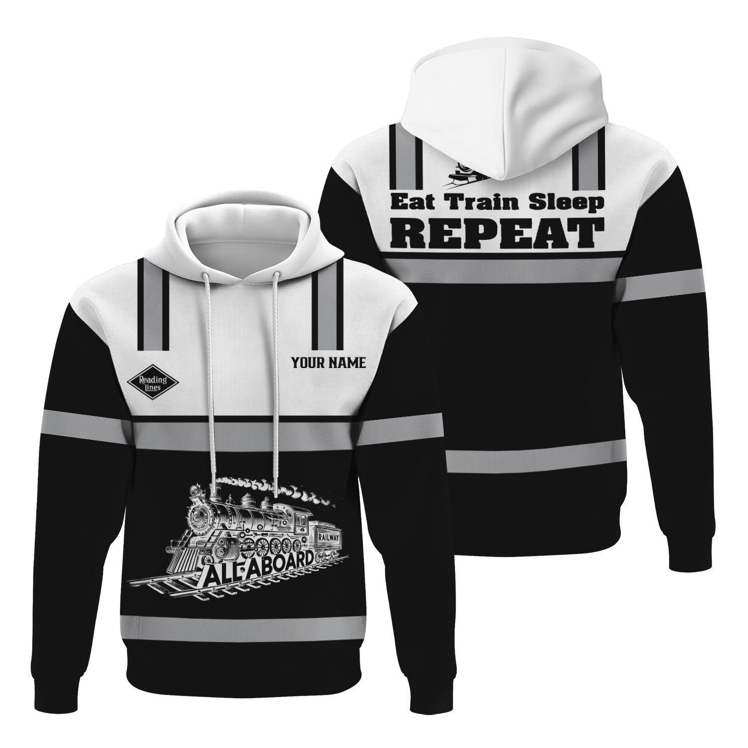 Railspirit Custom Name Reading Railroad Hoodie Eat Train Sleep Repeat Printed Train Zip Hoodie