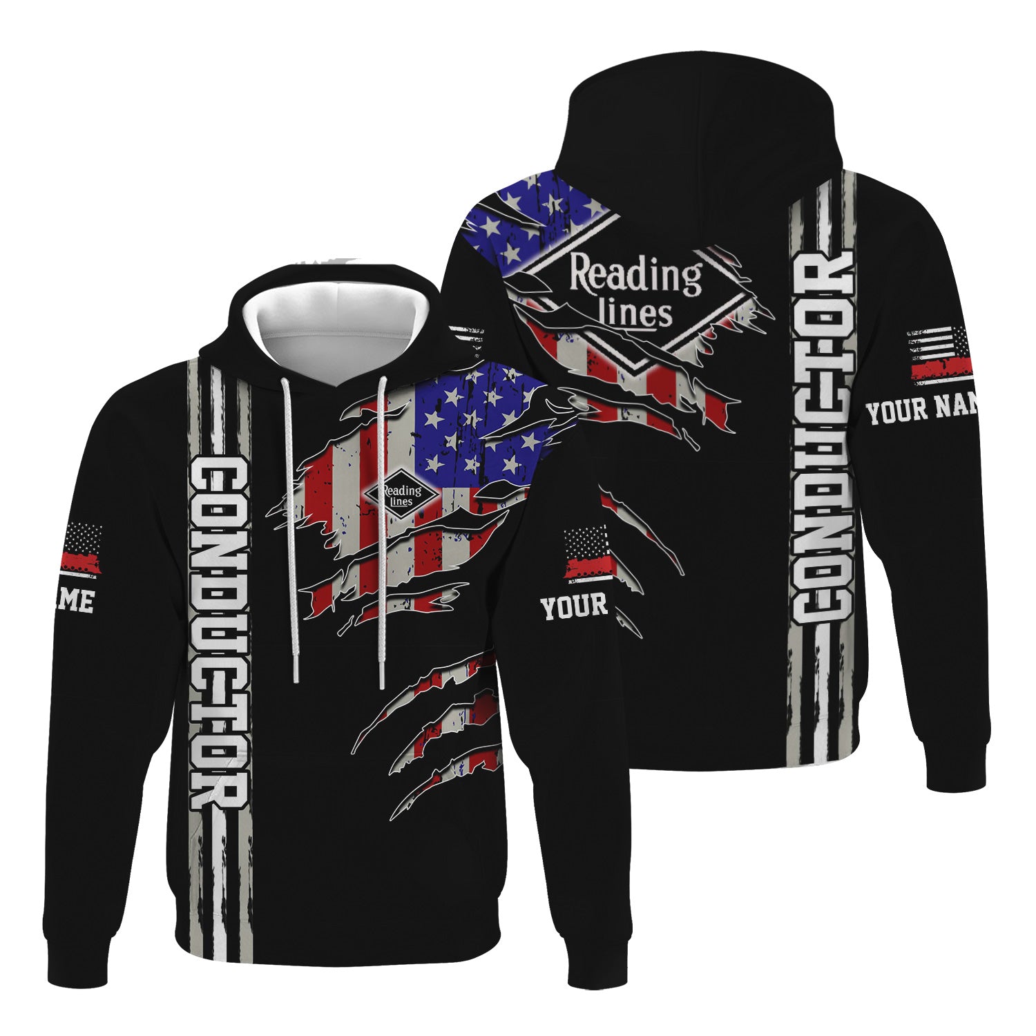 Railspirit Personalized Reading Railroad Hoodie USA Flag Claw Art with Custom Job Train Zip Up Hoodie