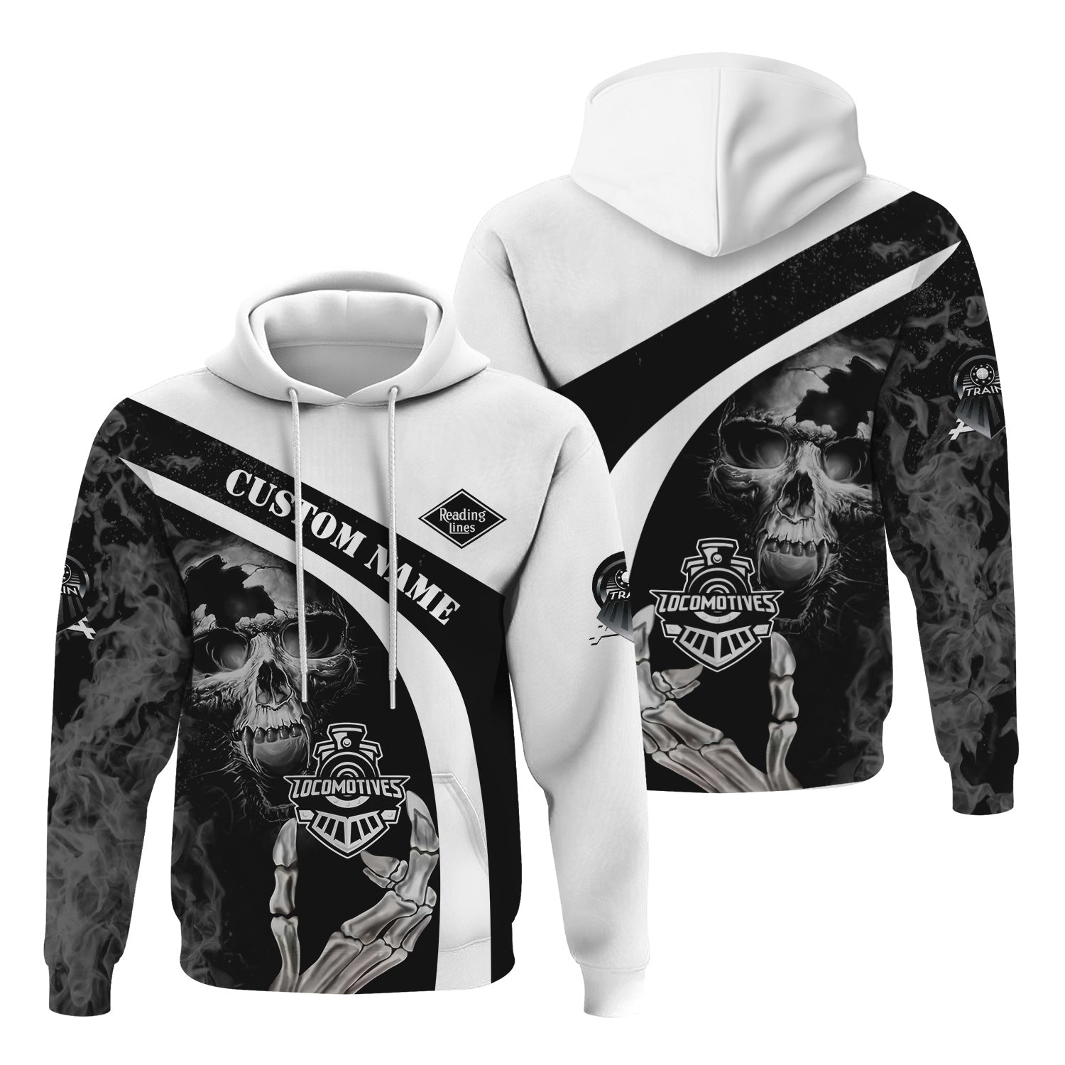 Railspirit Personalized Reading Railroad Hoodie Flame Skull Design Train Zip Up Hoodie for Locomotive Fans