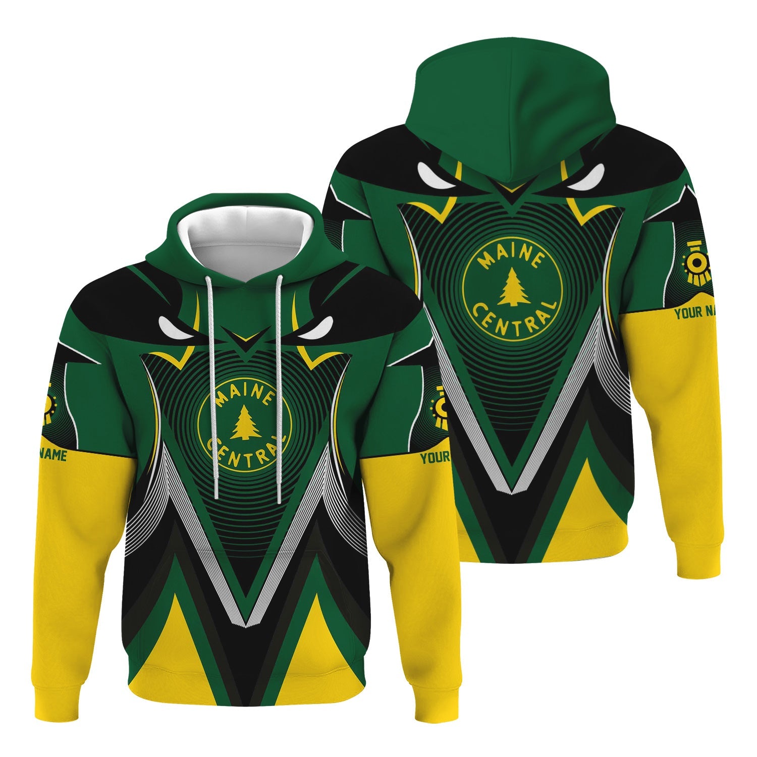 Railspirit Personalized Maine Central Railroad Hoodie Vibrant Graphic Pattern Zip Up Hoodie For Train Enthusiasts