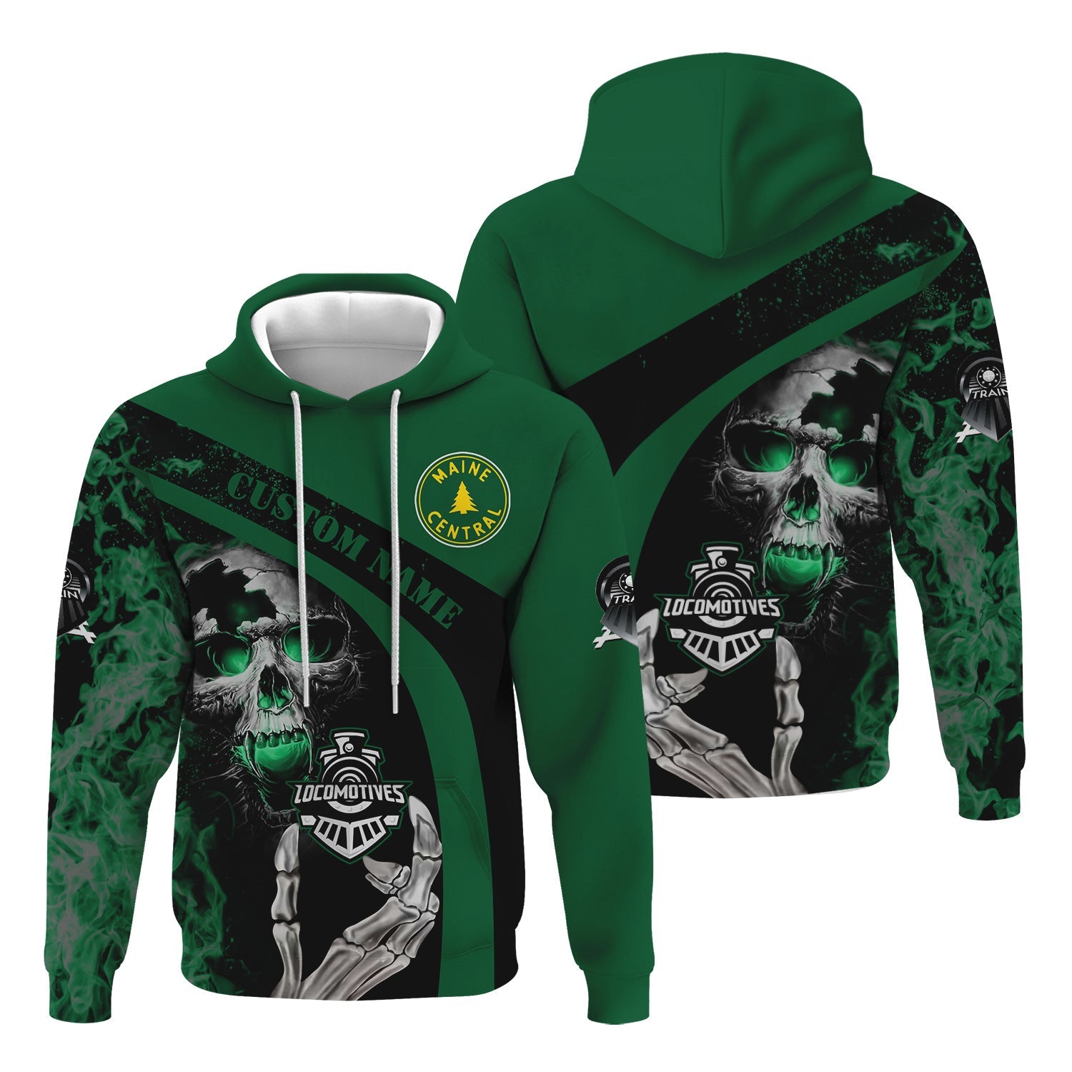 Railspirit Personalized Maine Central Railroad Hoodie Flame Skull Design Train Zip Up Hoodie for Locomotive Fans