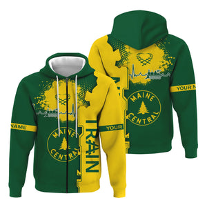 Railspirit Personalized Maine Central Railroad Hoodie Engine Heartbeat and Track Love Style Zip Up Hoodie Gift Idea For Train Lovers