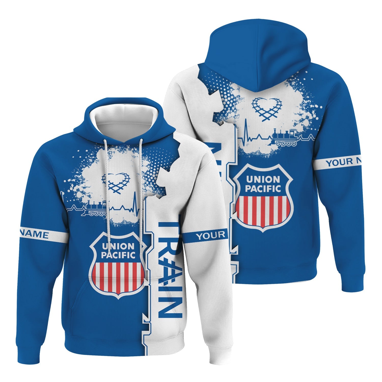 Railspirit Personalized Union Pacific Railroad Hoodie Engine Heartbeat and Track Love Style Big Boy Zip Up Hoodie Gift Idea For Train Lovers