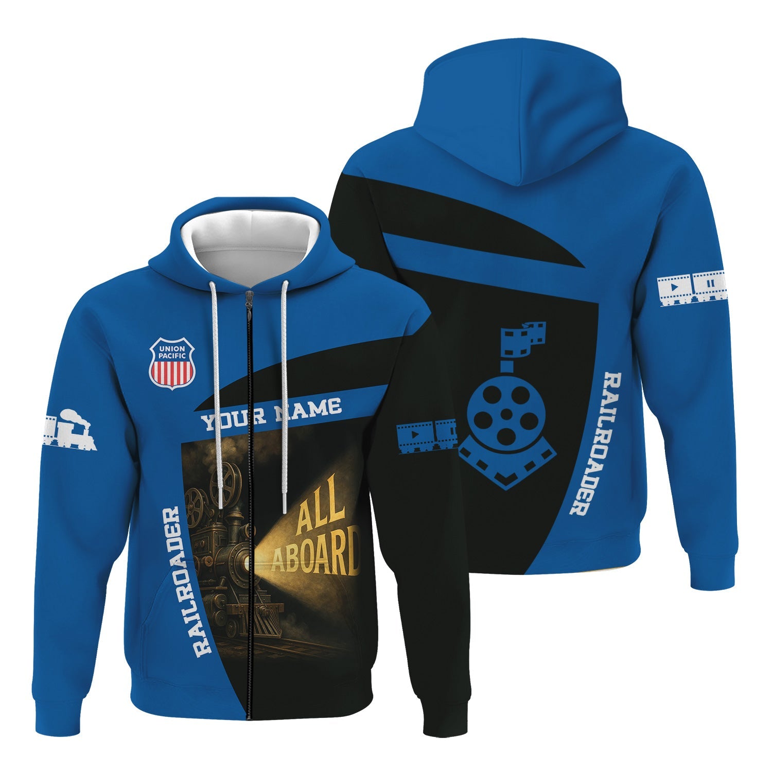 Railspirit Personalized Union Pacific Railroad Hoodie All Aboard Steam Train Movie Projector Style Big Boy Zip Up Hoodie