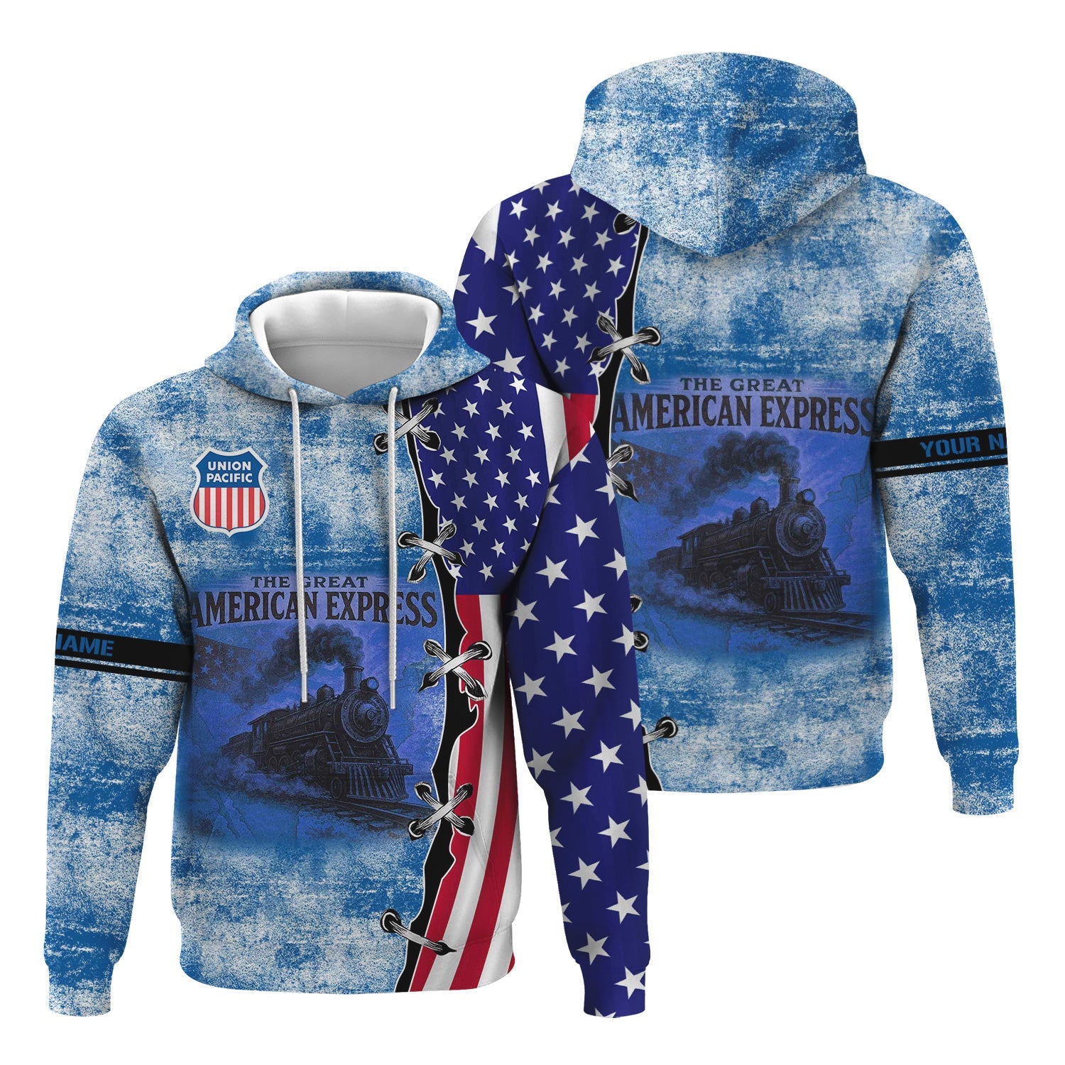 Railspirit Personalized Union Pacific Railroad Hoodie Retro American Express Train With USA Flag Big Boy Zip Up Hoodie