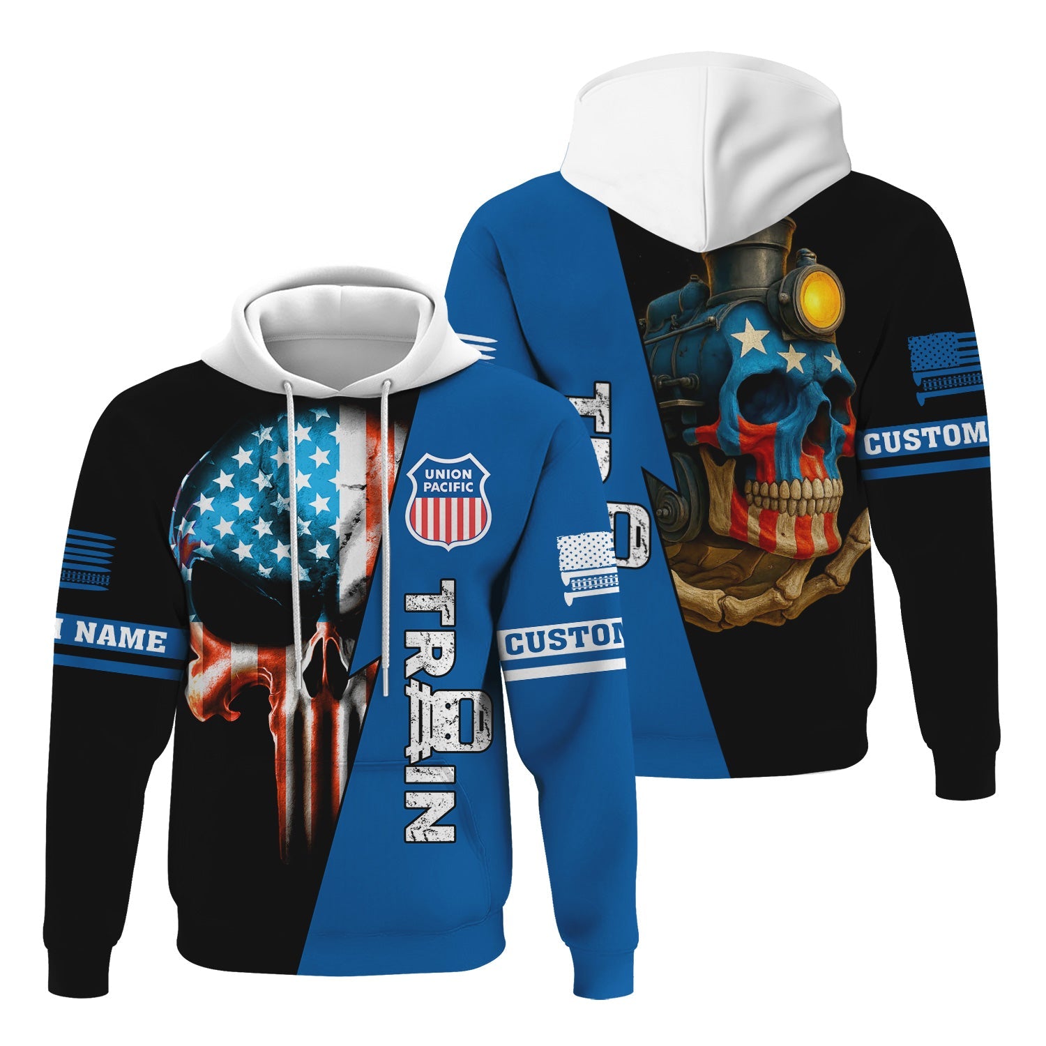 Railspirit Personalized Union Pacific Railroad Hoodie Train Skull American Flag Big Boy Zip Up Hoodie All Over Print