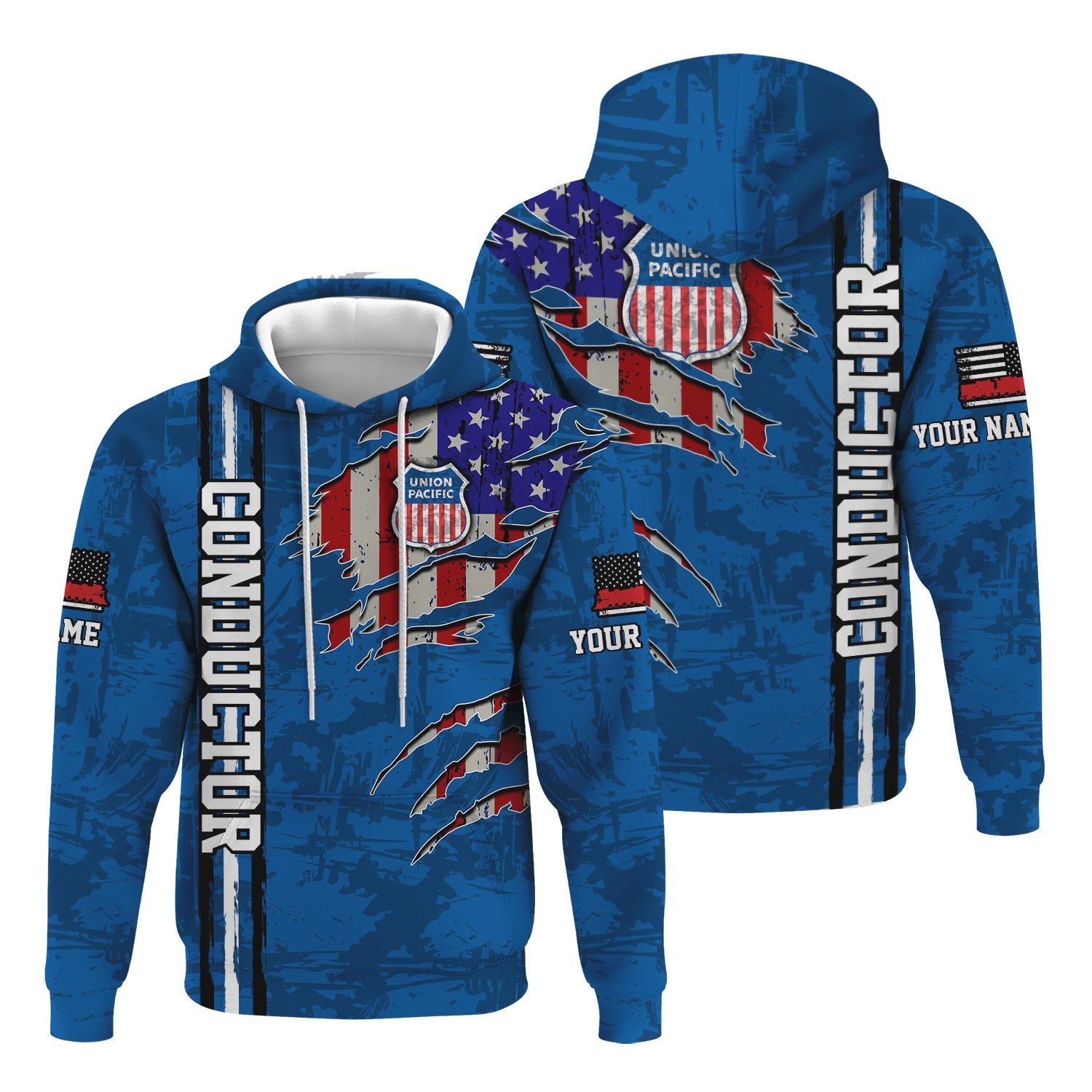 Railspirit Personalized Union Pacific Railroad Hoodie USA Flag Claw Art with Custom Job Big Boy Train Zip Up Hoodie