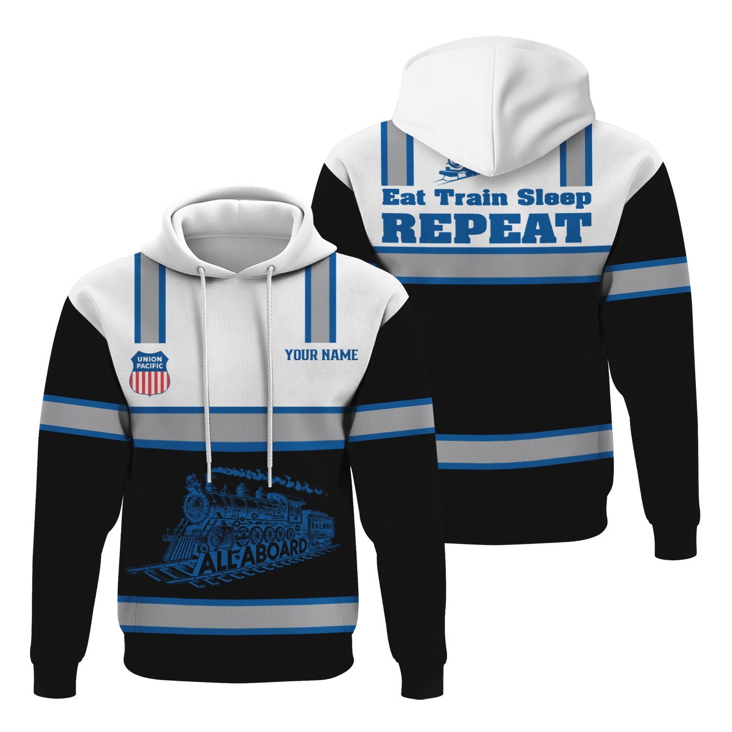 Railspirit Custom Name Union Pacific Railroad Hoodie Eat Train Sleep Repeat Big Boy Printed Train Zip Hoodie