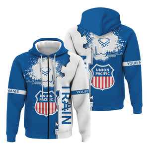 Railspirit Personalized Union Pacific Railroad Hoodie Engine Heartbeat and Track Love Style Big Boy Zip Up Hoodie Gift Idea For Train Lovers