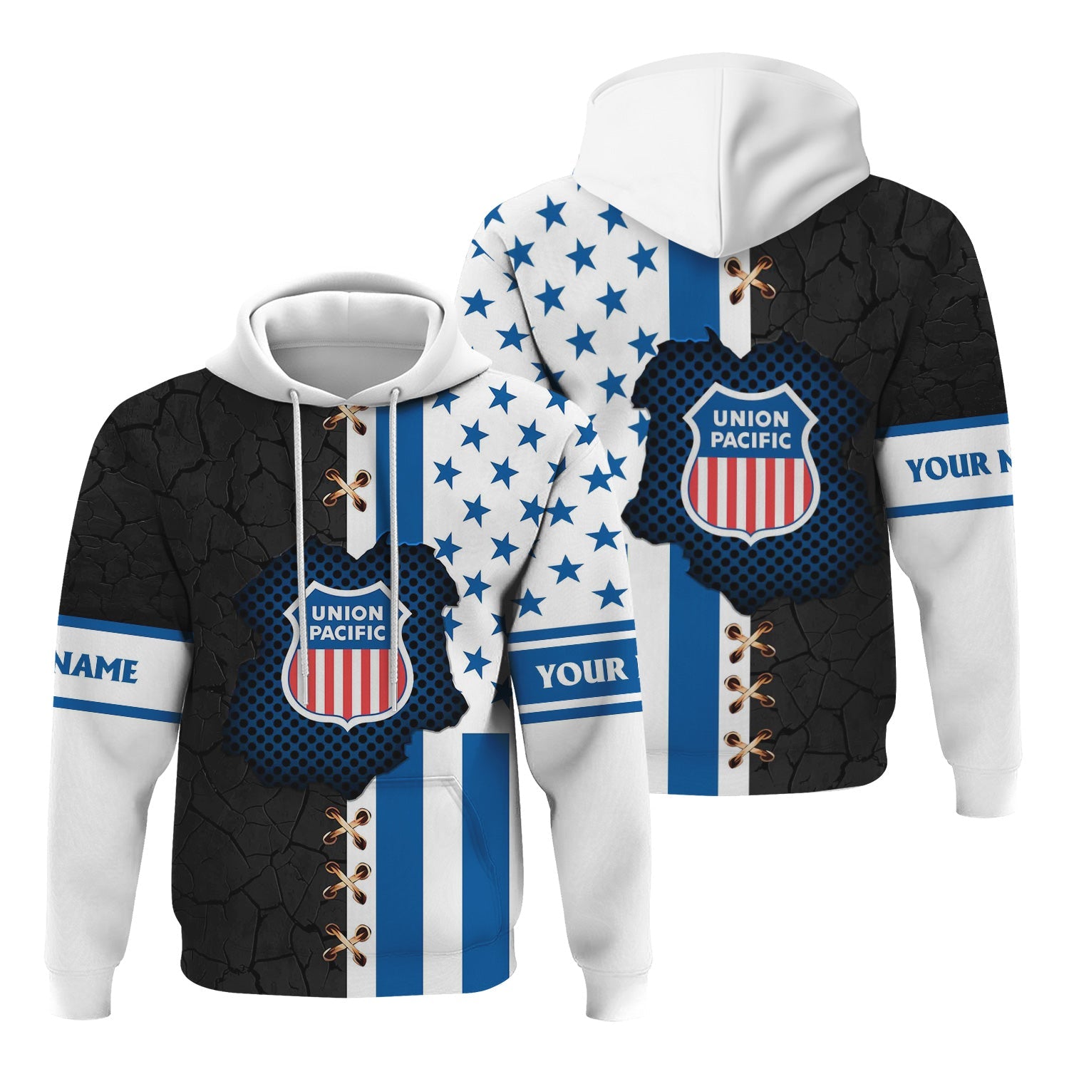 Railspirit Personalized Union Pacific Railroad Hoodie American Flag with Crack Effect Big Boy Train Zip Up Hoodie