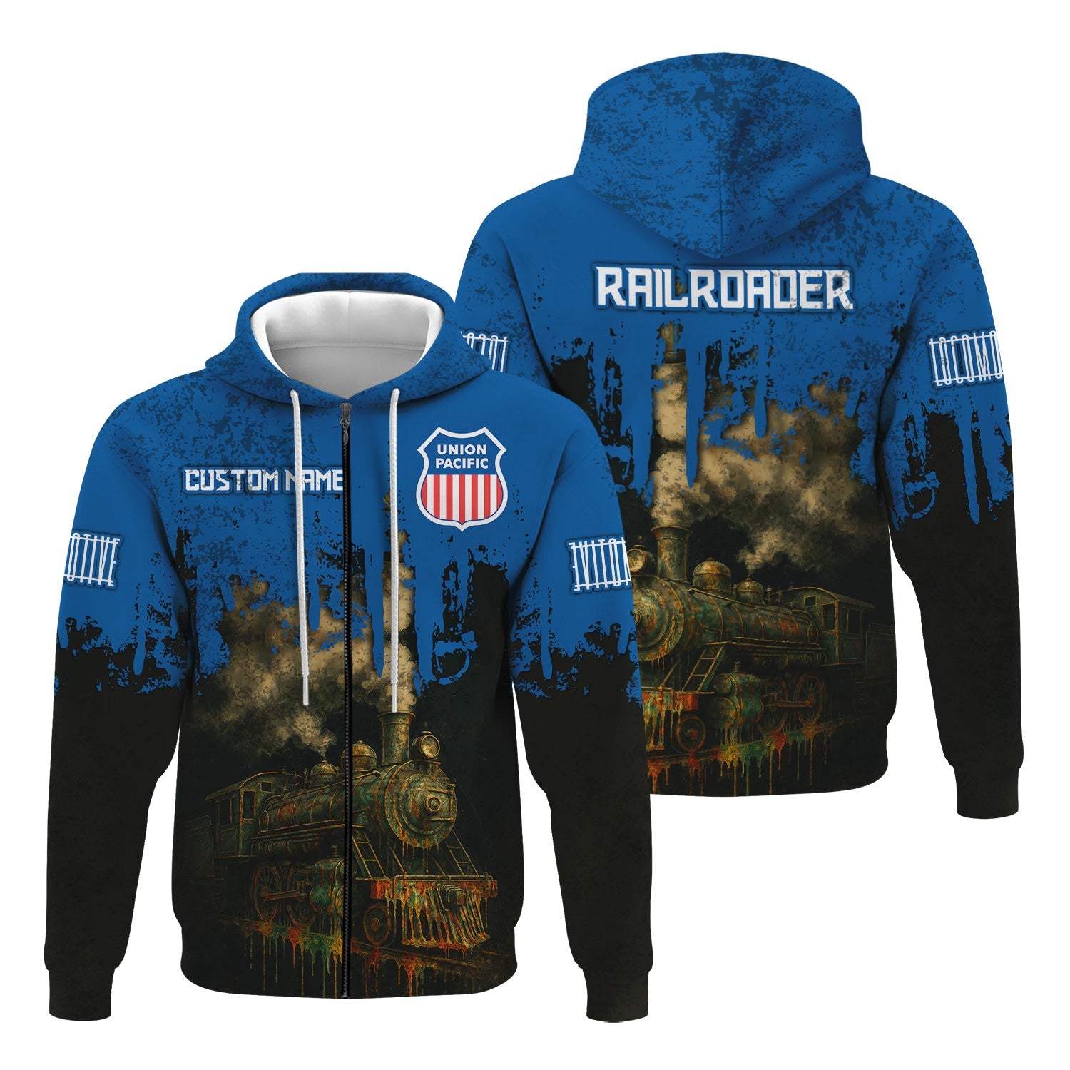 Railspirit Personalized Union Pacific Railroad Hoodie Vintage Train Art Style Big Boy Zip Up Hoodie For Locomotive Fans