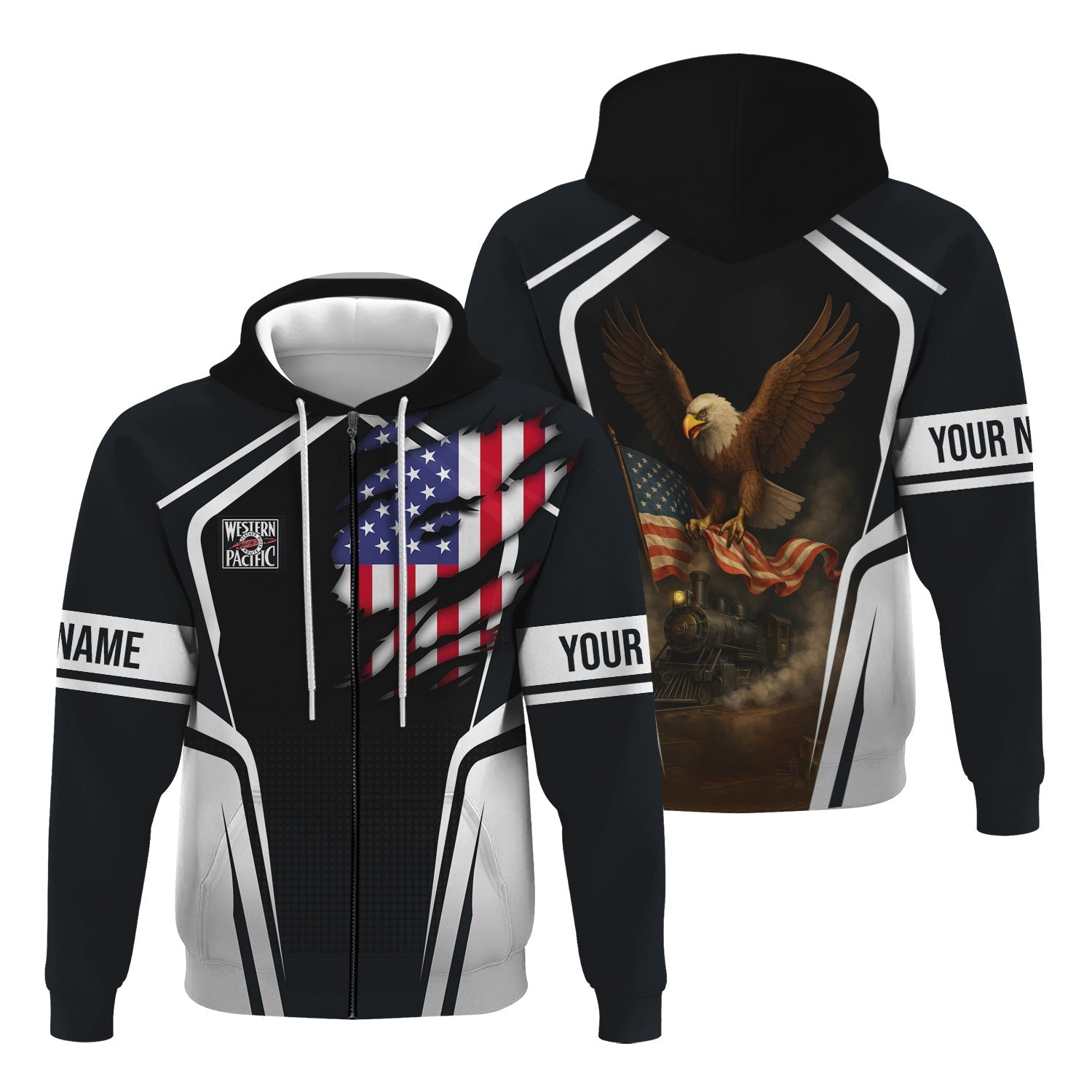 Railspirit Personalized Western Pacific Railroad Hoodie American Eagle Vintage Train Zip Up Hoodie