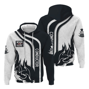 Railspirit Personalized Western Pacific Railroad Hoodie Flame Design with Custom Job Position Train Zip Up Hoodie