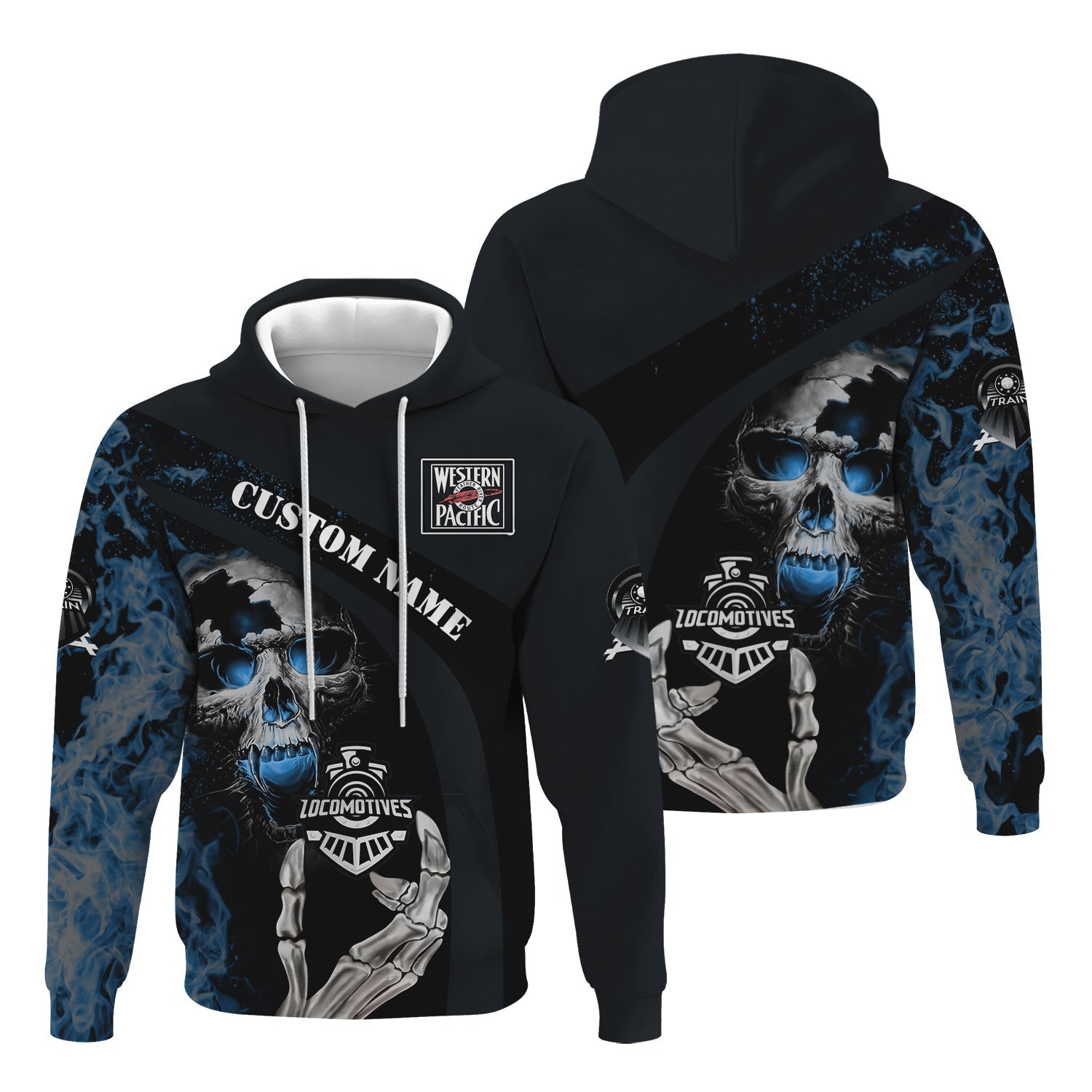 Railspirit Personalized Western Pacific Railroad Hoodie Flame Skull Design Train Zip Up Hoodie for Locomotive Fans