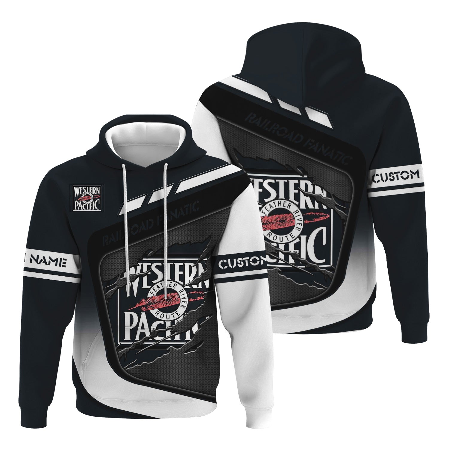 Railspirit Personalized Western Pacific Railroad Hoodie Ripped Texture Style Train Zip Up Hoodie For Railroad Fanatic