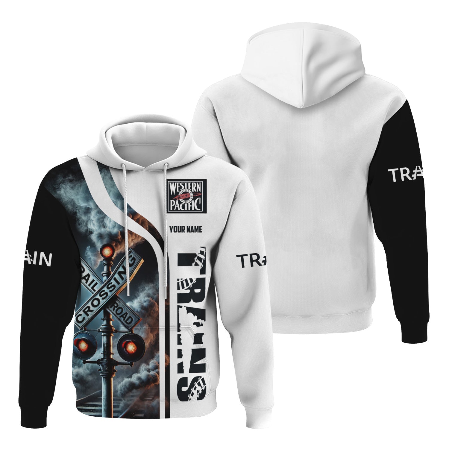 Railspirit Custom Name Western Pacific Railroad Hoodie Railroad Crossing Sign Printed Zip Hoodie