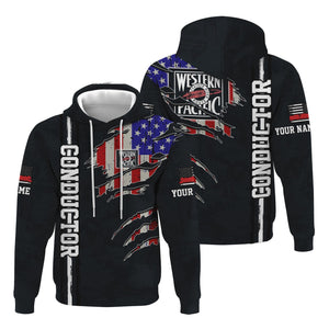 Railspirit Personalized Western Pacific Railroad Hoodie USA Flag Claw Art with Custom Job Train Zip Up Hoodie