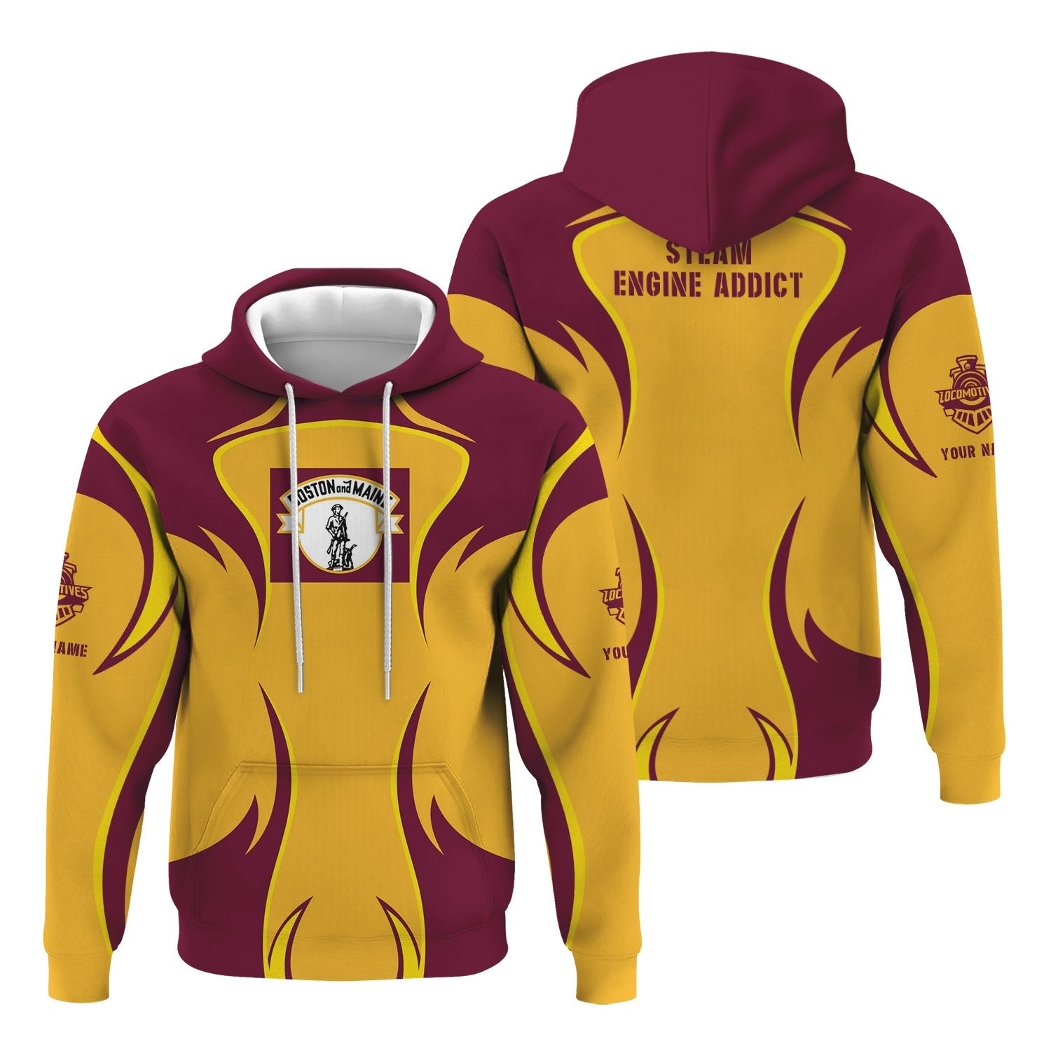 Railspirit Personalized Boston and Maine Railroad Hoodie Distinctive Flame Style Zip Up Hoodie For Steam Engine Addict