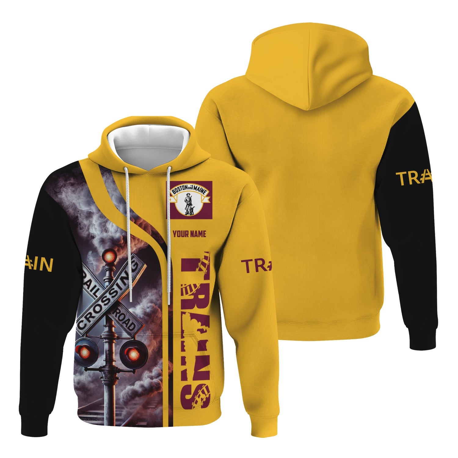 Railspirit Custom Name Boston and Maine Railroad Hoodie Railroad Crossing Sign Printed Zip Hoodie