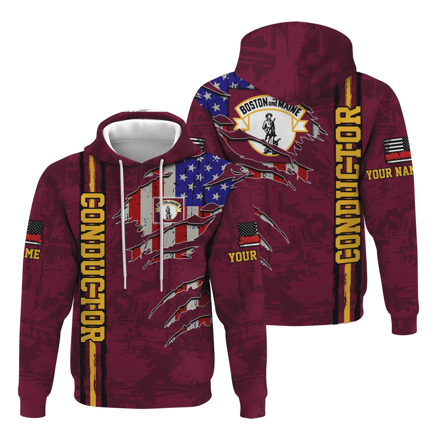 Railspirit Personalized Boston and Maine Railroad Hoodie USA Flag Claw Art with Custom Job Train Zip Up Hoodie