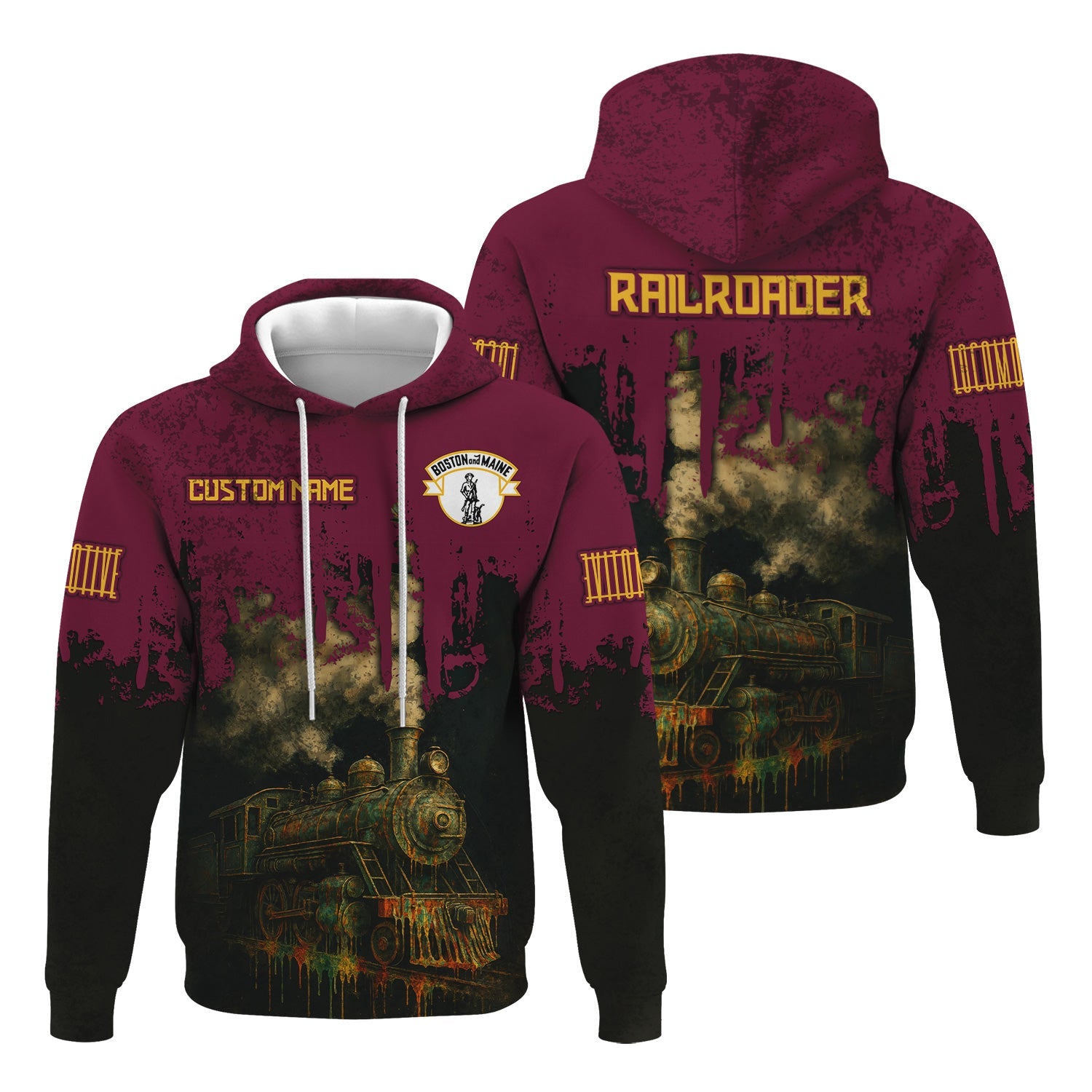 Railspirit Personalized Boston and Maine Railroad Hoodie Vintage Train Art Style Zip Up Hoodie For Locomotive Fans