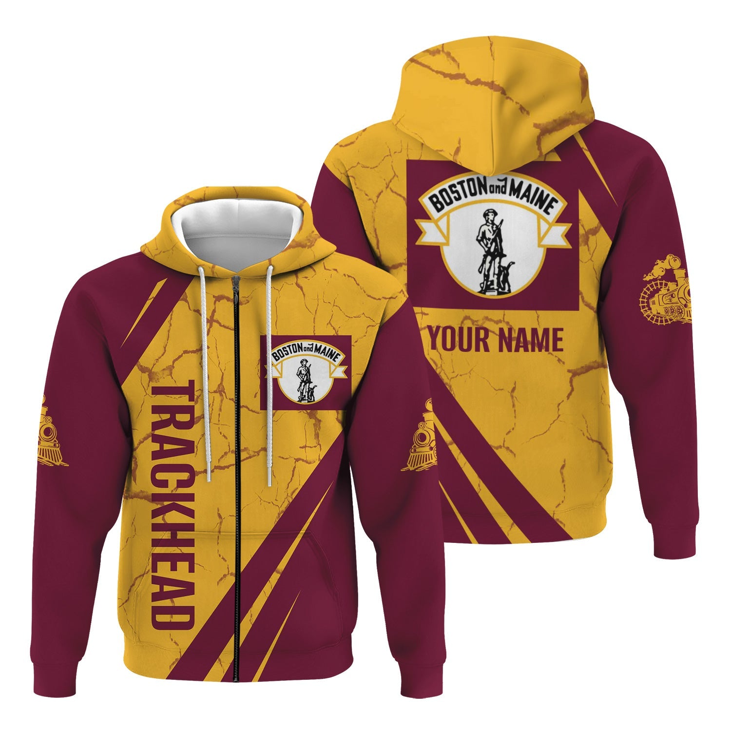 Railspirit Personalized Boston and Maine Railroad Hoodie Crackle Texture Style Train Zip Up Hoodie For Trackhead