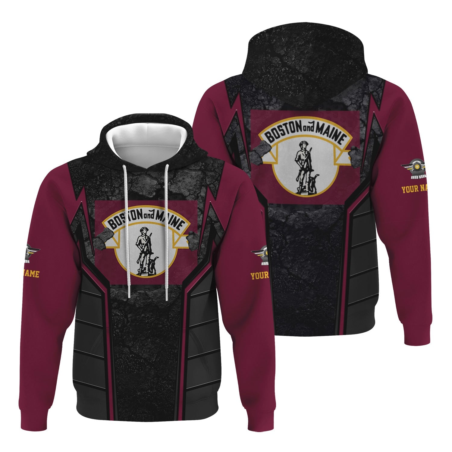 Railspirit Personalized Boston and Maine Railroad Hoodie Cracked Metal Design Train Zip Up Hoodie for Rail Enthusiasts