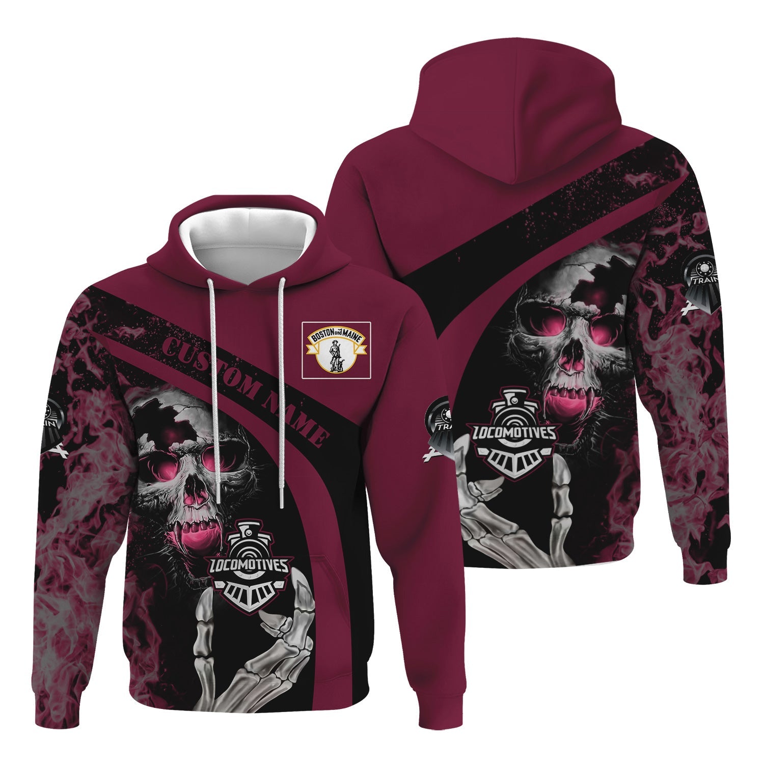 Railspirit Personalized Boston and Maine Railroad Hoodie Flame Skull Design Train Zip Up Hoodie for Locomotive Fans