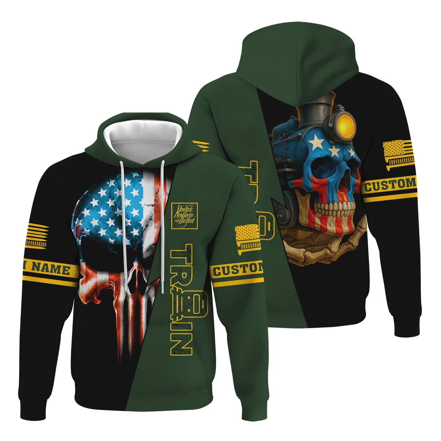 Railspirit Personalized New York, New Haven and Hartford Railroad Hoodie Train Skull American Flag New Haven Railroad Zip Up Hoodie