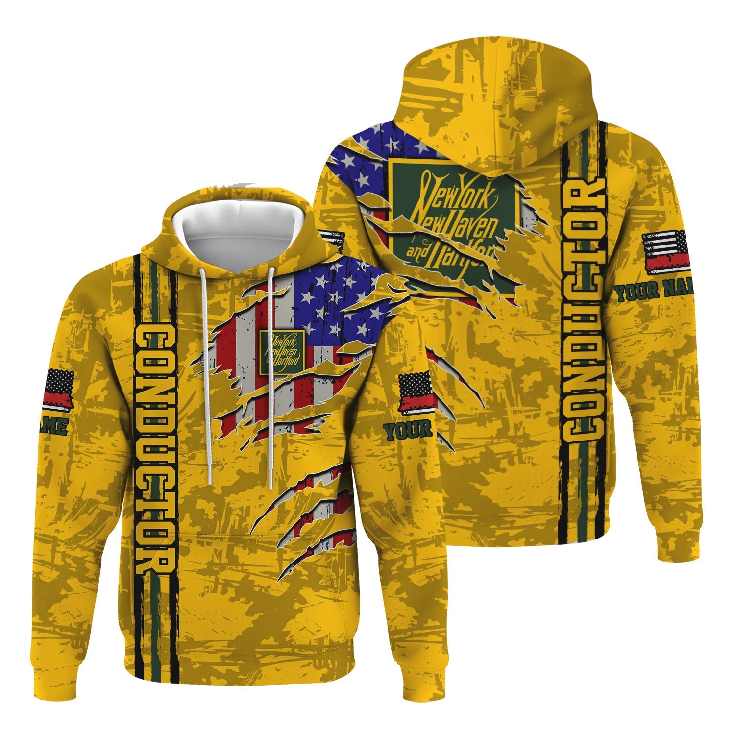 Railspirit Personalized New York, New Haven and Hartford Railroad Hoodie USA Flag Claw Art with Custom Job New Haven Railroad Train Zip Up Hoodie
