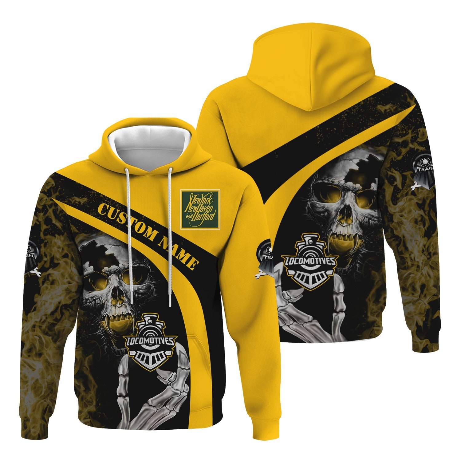 Railspirit Personalized New York, New Haven and Hartford Railroad Hoodie Flame Skull Design New Haven Railroad Train Zip Up Hoodie
