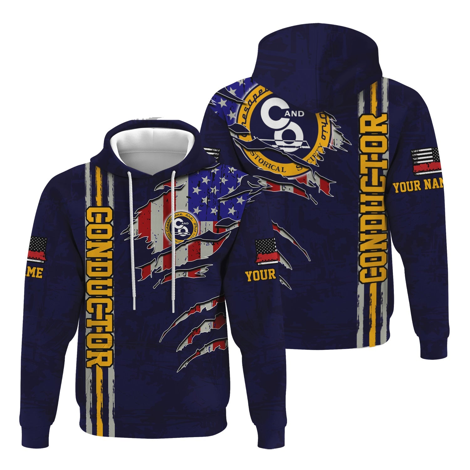 Railspirit Personalized Chesapeake and Ohio Railway Hoodie USA Flag Claw Art with Custom Job C&O Train Zip Up Hoodie