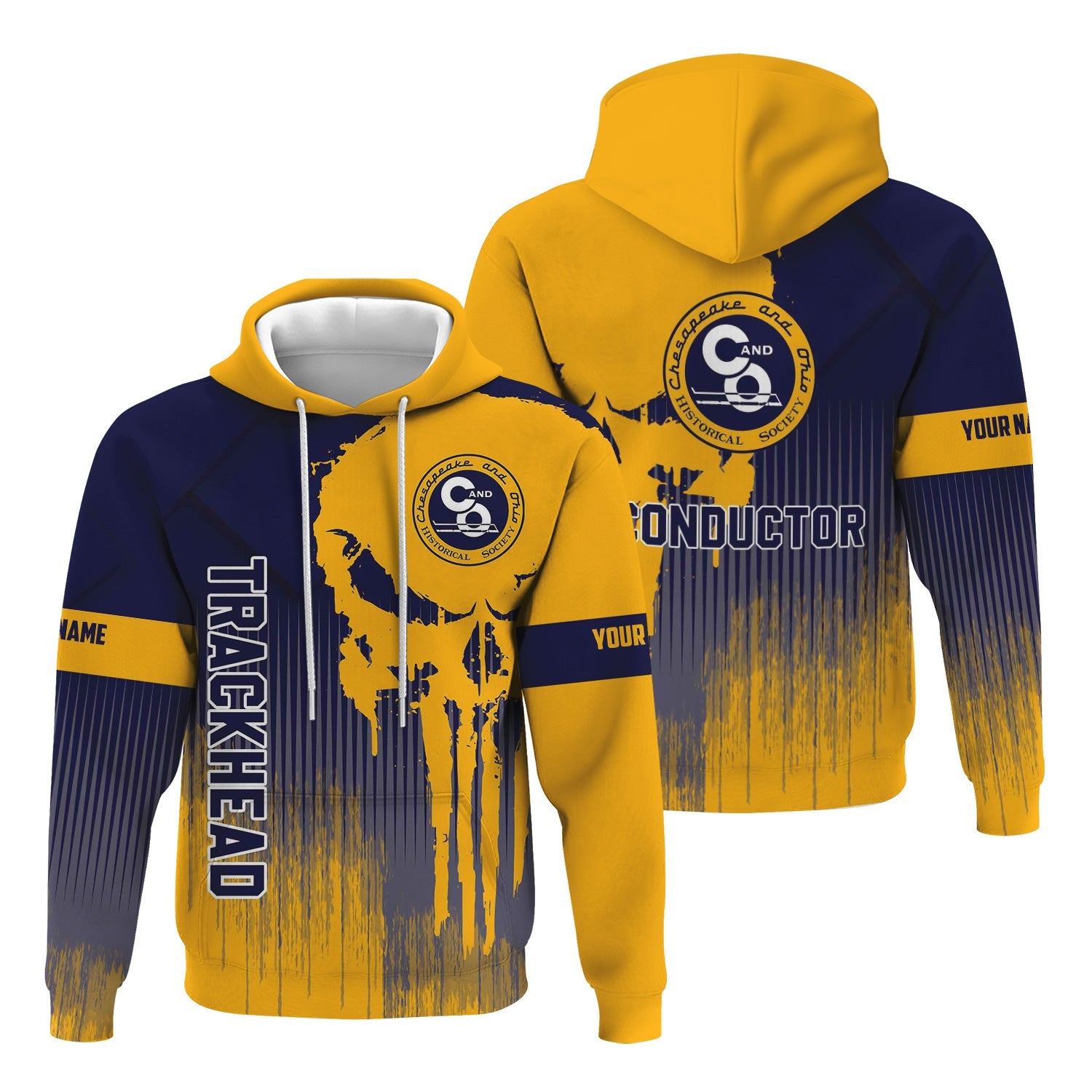 Railspirit Personalized Chesapeake and Ohio Railway Hoodie Skull Design with Custom Job C&O Train Zip Up Hoodie for Trackhead Crew