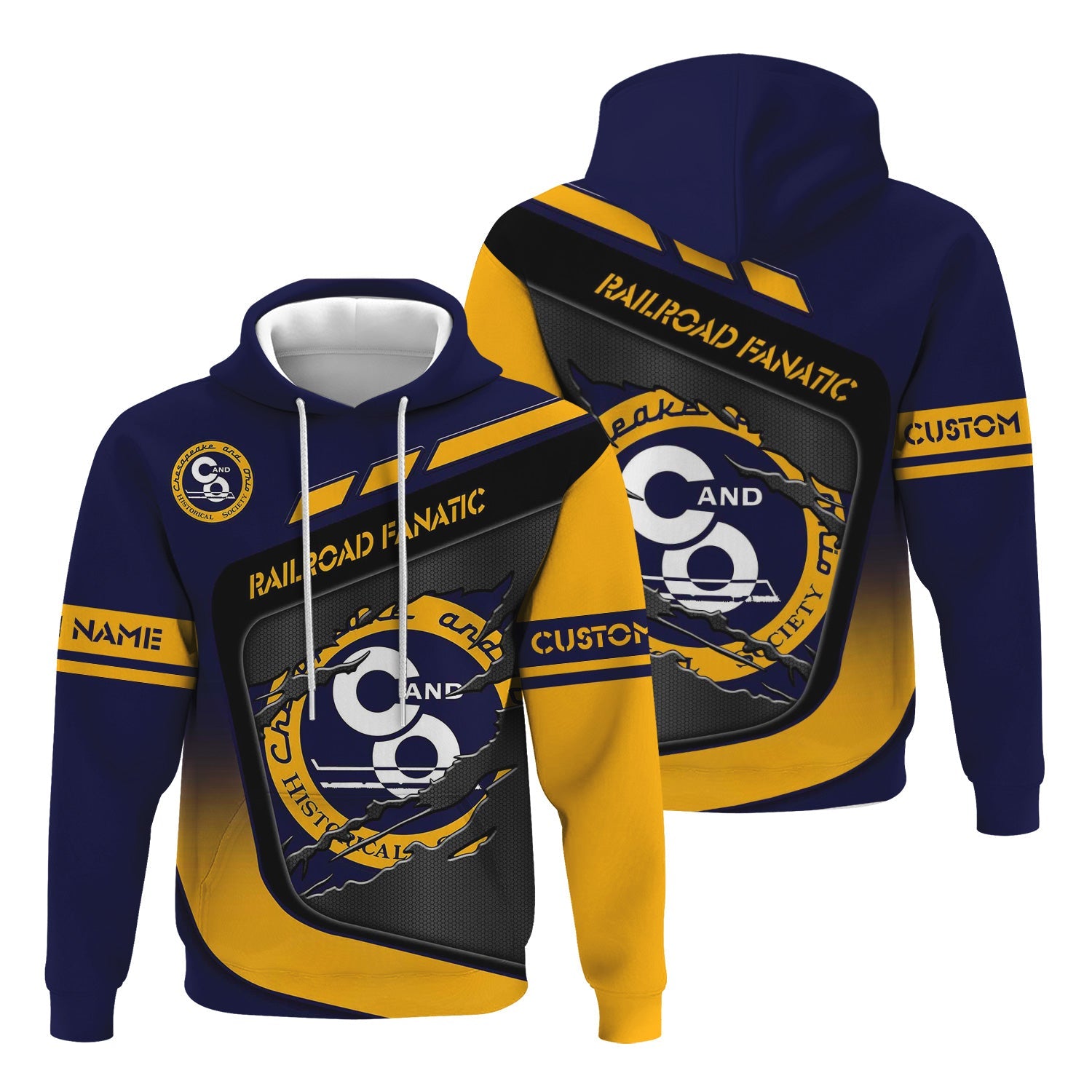 Railspirit Personalized Chesapeake and Ohio Railway Hoodie Ripped Texture Style C&O Train Zip Up Hoodie For Railroad Fanatic