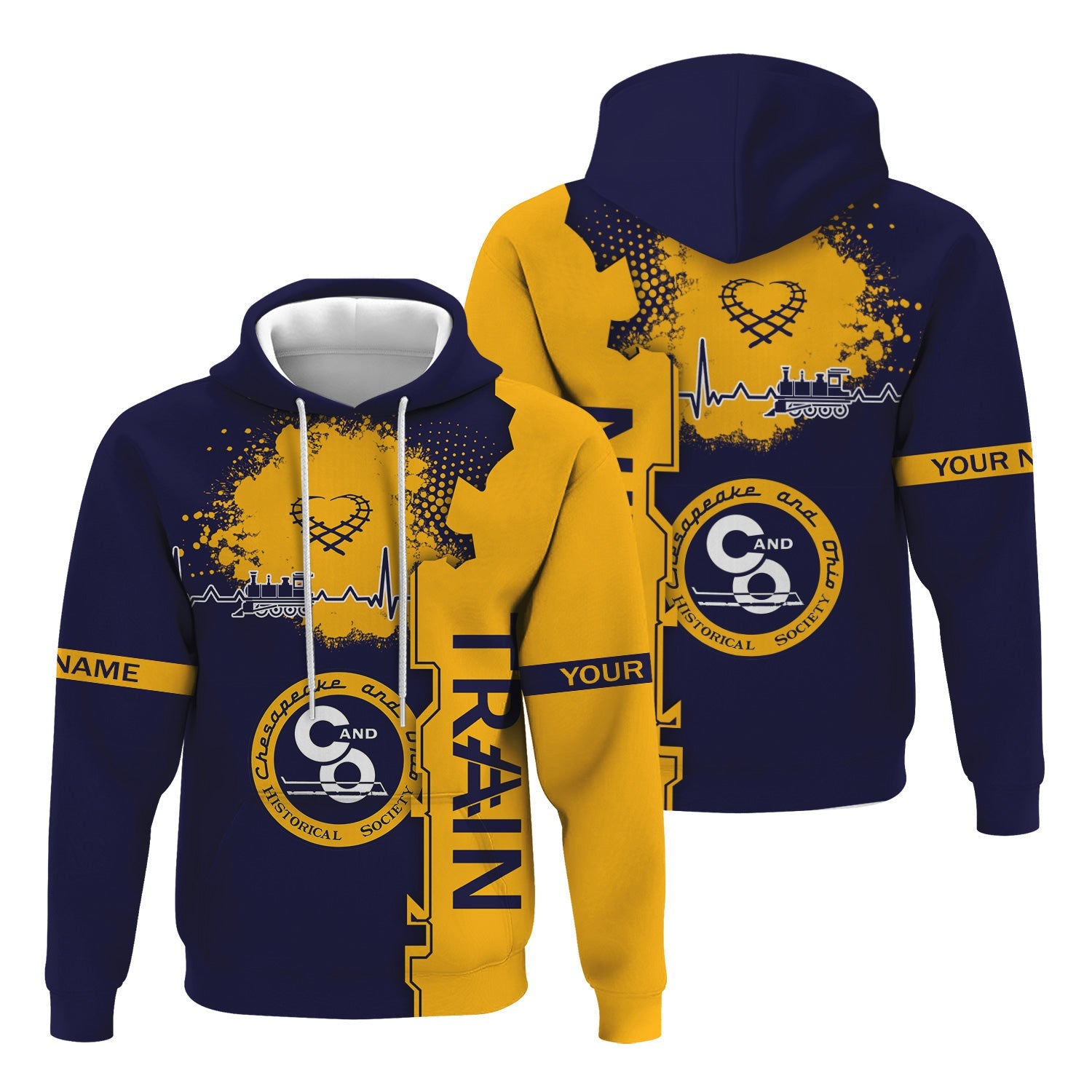 Railspirit Personalized Chesapeake and Ohio Railway Hoodie Engine Heartbeat and Track Love Style C&O Zip Up Hoodie Gift Idea For Train Lovers