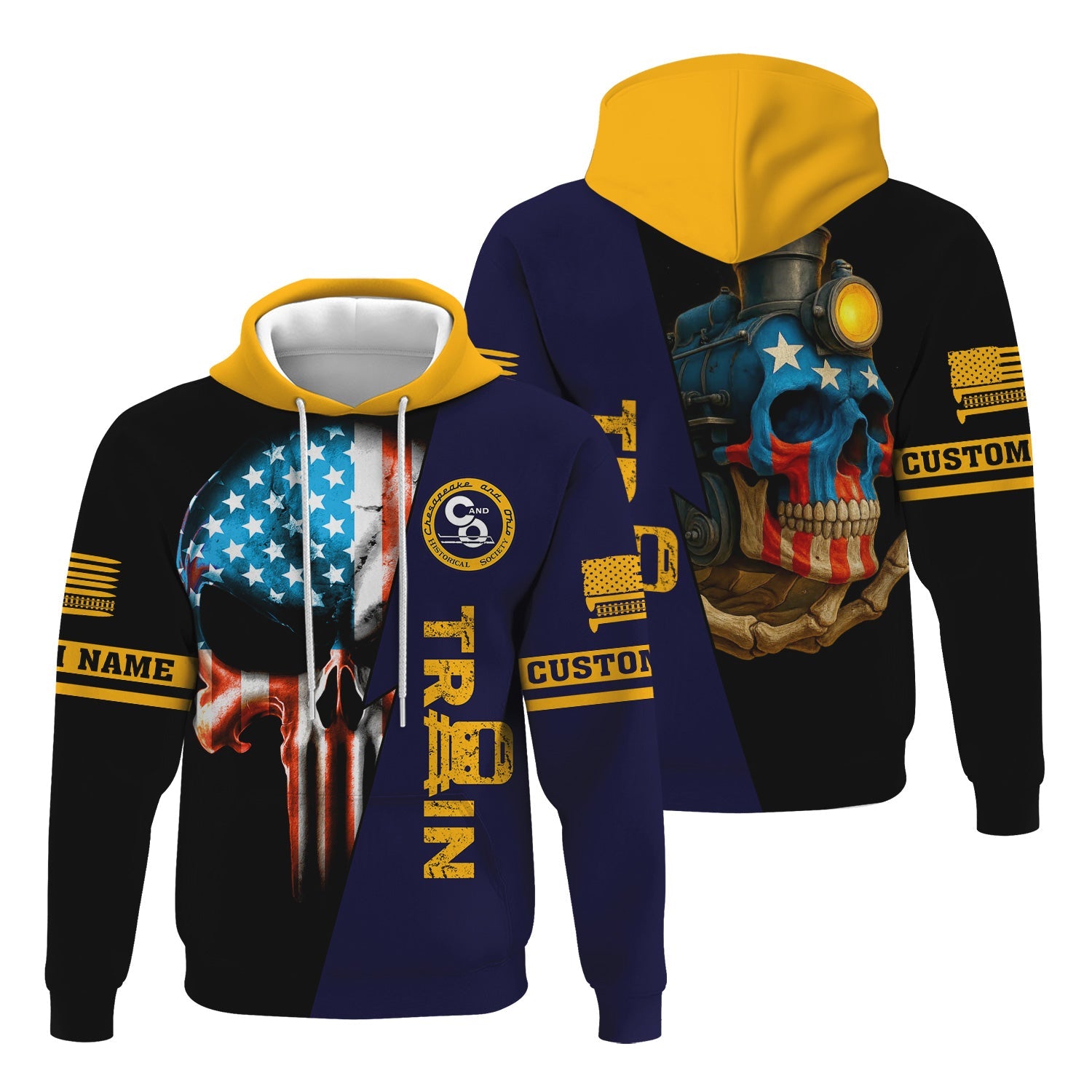 Railspirit Personalized Chesapeake and Ohio Railway Hoodie Train Skull American Flag C&O Zip Up Hoodie All Over Print