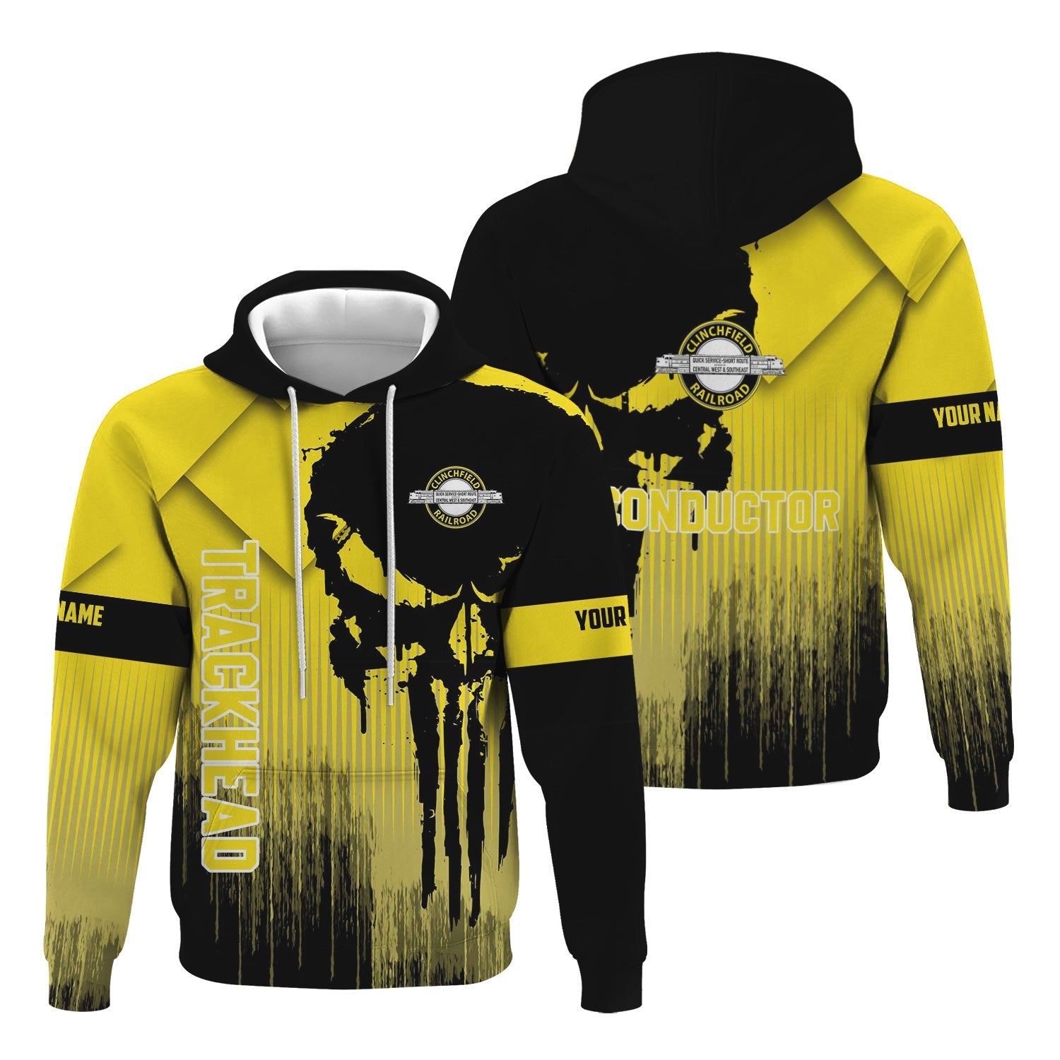 Railspirit Personalized Clinchfield Railroad Hoodie Skull Design with Custom Job Train Zip Up Hoodie for Trackhead Crew