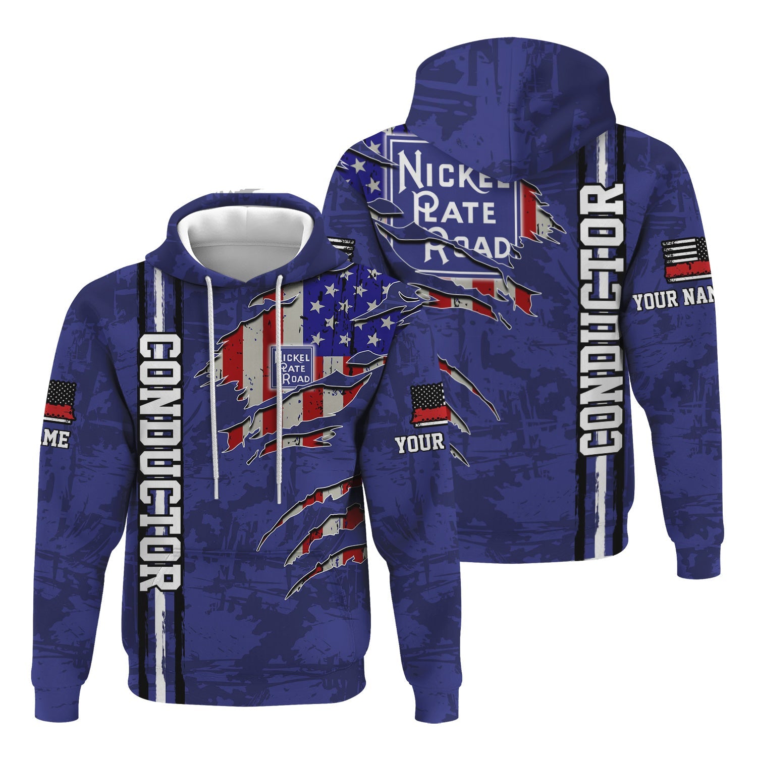 Railspirit Personalized New York, Chicago and St. Louis Railroad Hoodie USA Flag Claw Art with Custom Job Nickel Plate Road Train Zip Up Hoodie