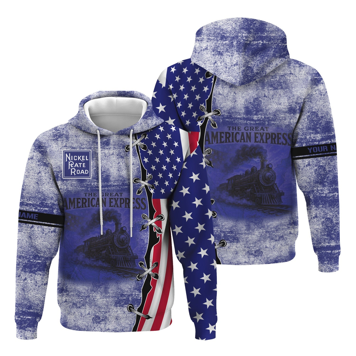 Railspirit Personalized New York, Chicago and St. Louis Railroad Hoodie Retro American Express Train With USA Flag Nickel Plate Road Zip Up Hoodie