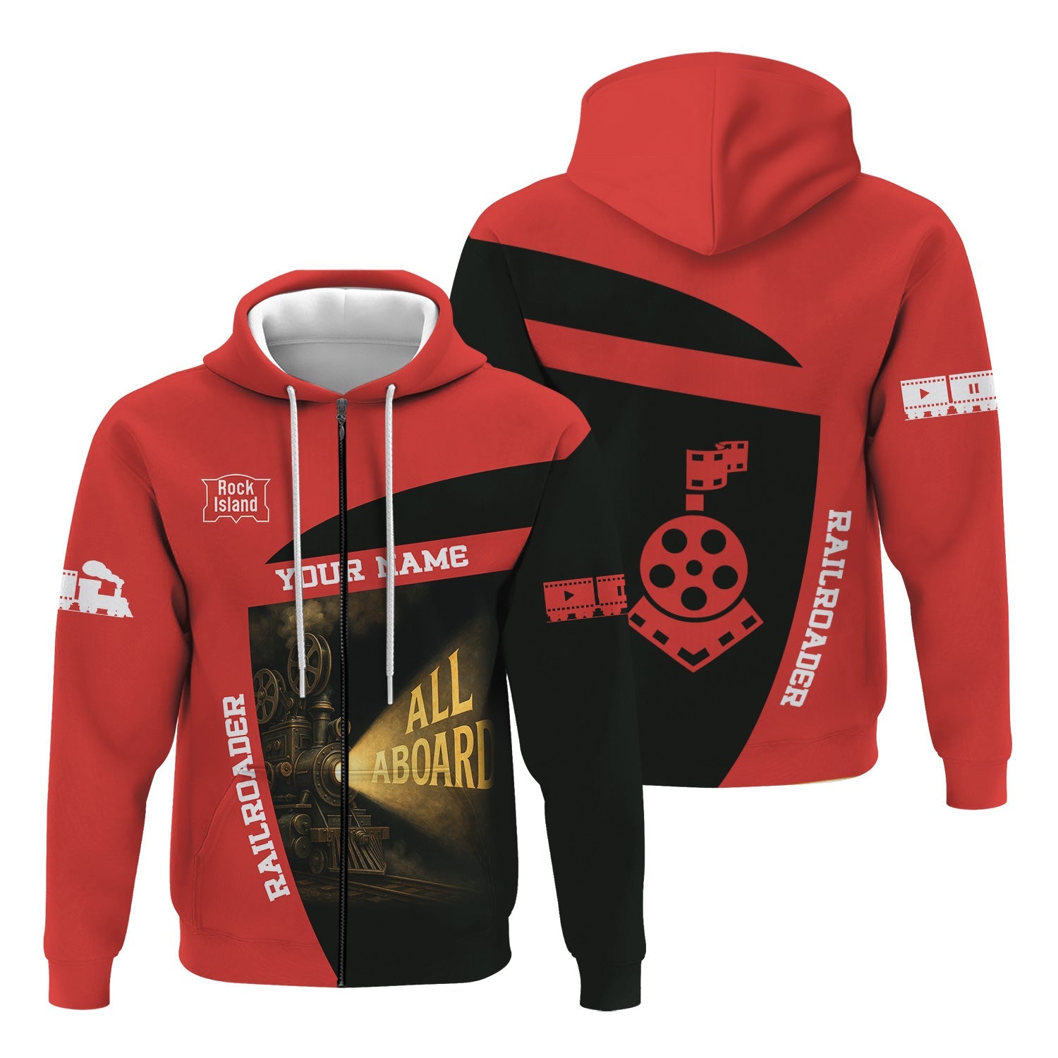 Railspirit Personalized Chicago, Rock Island and Pacific Railroad Hoodie All Aboard Steam Train Movie Projector Style Rock Island Railroad Zip Up Hoodie