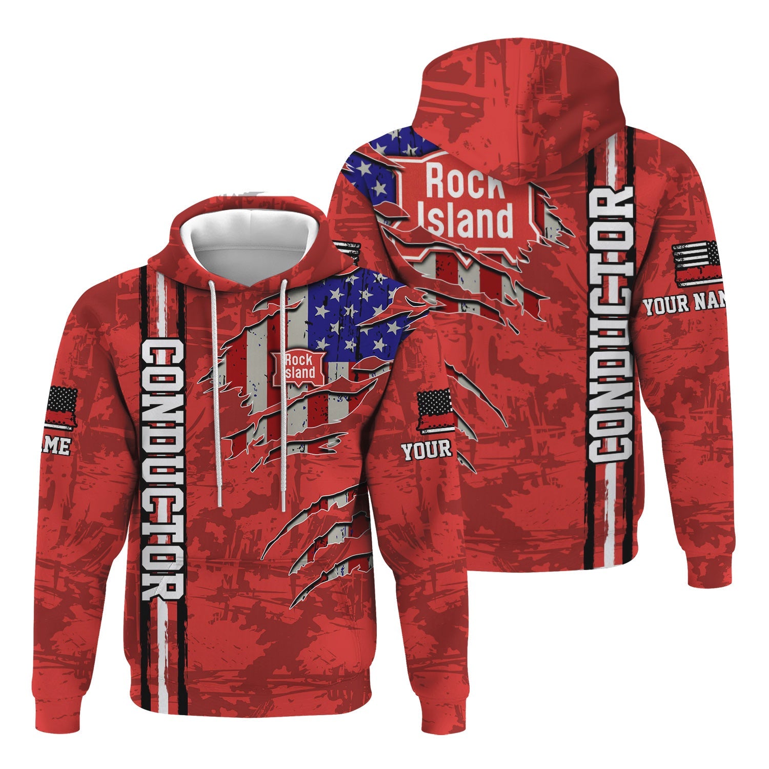 Railspirit Personalized Chicago, Rock Island and Pacific Railroad Hoodie USA Flag Claw Art with Custom Job Rock Island Railroad Train Zip Up Hoodie