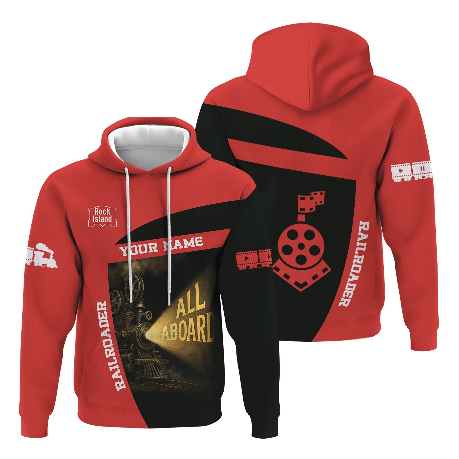 Railspirit Personalized Chicago, Rock Island and Pacific Railroad Hoodie All Aboard Steam Train Movie Projector Style Rock Island Railroad Zip Up Hoodie