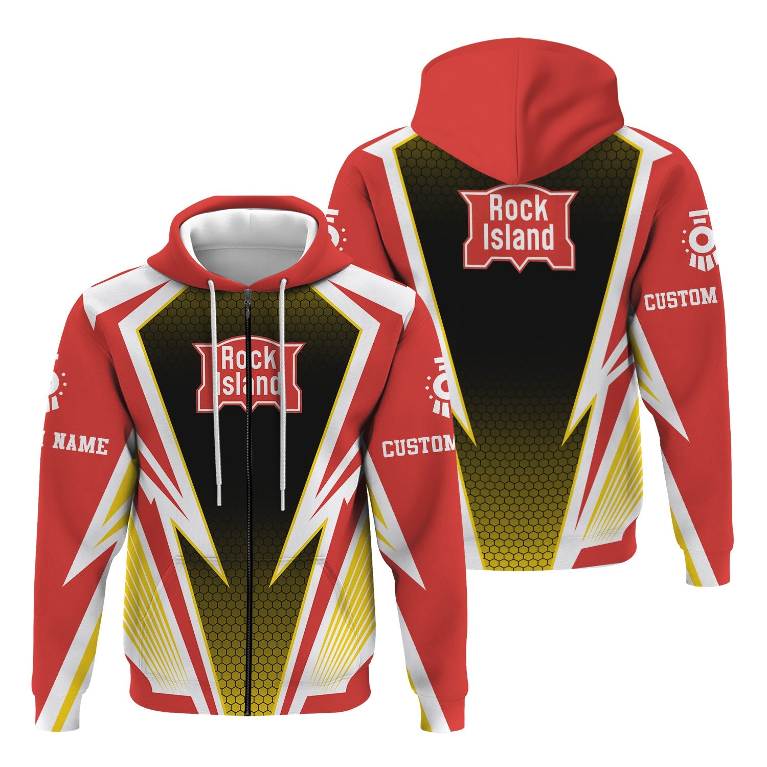 Railspirit Personalized Chicago, Rock Island and Pacific Railroad Hoodie Lightning Graphic Style Rock Island Railroad Zip Up Hoodie Gift For Train Lover